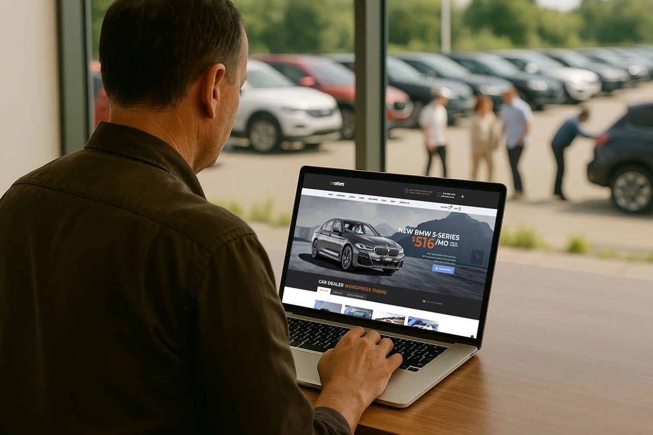 Car dealer using laptop